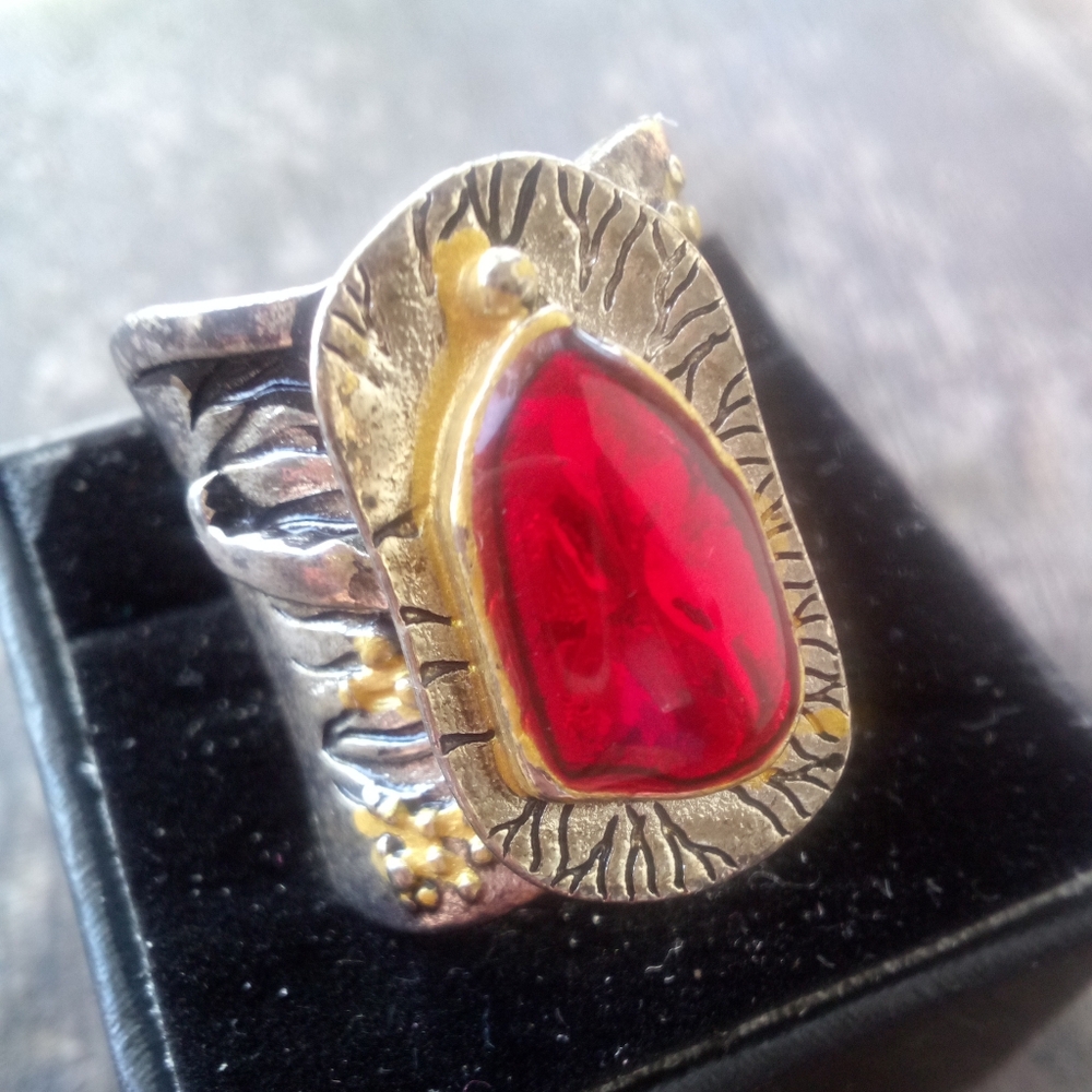 Handmade Red Ruby Sterling Gold Silver Artisan Chunky Ring Boho Jewelry SZ 6